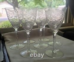 Vintage 1940s Etched Glass Wine Glasses set of 7