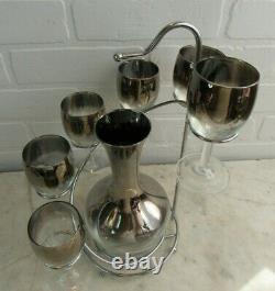 Vintage 1950s Barware Set Silver Ombre Dorothy Thorpe Style 6 Wine Glasses Caddy