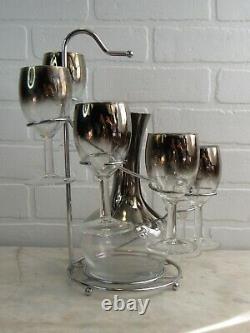 Vintage 1950s Barware Set Silver Ombre Dorothy Thorpe Style 6 Wine Glasses Caddy