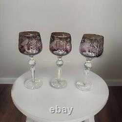 Vintage 1960s Set of 7 Crystal Bohemian Colorful Cut-to-Clear Hock Wine Glasses