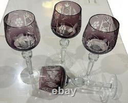 Vintage 1960s Set of 7 Crystal Bohemian Colorful Cut-to-Clear Hock Wine Glasses