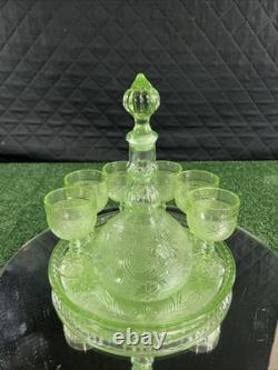 Vintage 1970s Indiana Tiara Wine Decanter 9pc Set Chantilly Green Sandwich Glass