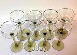 Vintage 1970s Set of 8 Yellow Stemmed Tall Hock Wine Glasses Cocktail Bar