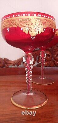 Vintage 1977 Murano set of 4 ruby and gold leaf stemware champagne coupes