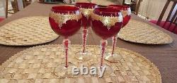 Vintage 1977 ruby and gold leaf Murano stemware wine glasses. Set of 4