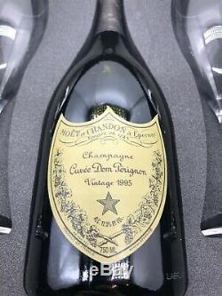 Vintage 1995 Dom Perignon Cuvée Bottle in Box with Champagne Glasses With Cork