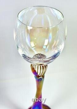 Vintage 2004 Signed Brioni Art Glass Coral Iridescent Tulip Stem Wine Goblet 243