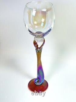 Vintage 2004 Signed Brioni Art Glass Coral Iridescent Tulip Stem Wine Goblet 243