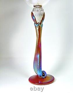 Vintage 2004 Signed Brioni Art Glass Coral Iridescent Tulip Stem Wine Goblet 243