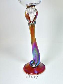 Vintage 2004 Signed Brioni Art Glass Coral Iridescent Tulip Stem Wine Goblet 243