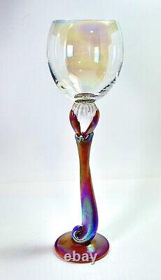 Vintage 2004 Signed Brioni Art Glass Coral Iridescent Tulip Stem Wine Goblet 243