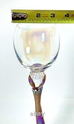 Vintage 2004 Signed Brioni Art Glass Coral Iridescent Tulip Stem Wine Goblet 243