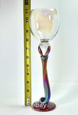 Vintage 2004 Signed Brioni Art Glass Coral Iridescent Tulip Stem Wine Goblet 243