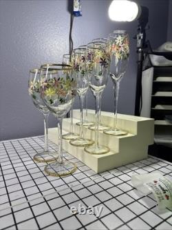 Vintage 24kt Gold Rimmed Hand Painted Set Of 6 Champagne And 2 Wine Glasses