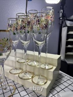 Vintage 24kt Gold Rimmed Hand Painted Set Of 6 Champagne And 2 Wine Glasses