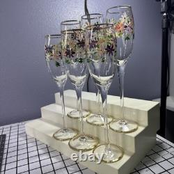 Vintage 24kt Gold Rimmed Hand Painted Set Of 6 Champagne And 2 Wine Glasses