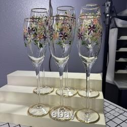 Vintage 24kt Gold Rimmed Hand Painted Set Of 6 Champagne And 2 Wine Glasses