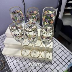 Vintage 24kt Gold Rimmed Hand Painted Set Of 6 Champagne And 2 Wine Glasses