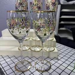 Vintage 24kt Gold Rimmed Hand Painted Set Of 6 Champagne And 2 Wine Glasses