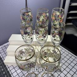 Vintage 24kt Gold Rimmed Hand Painted Set Of 6 Champagne And 2 Wine Glasses