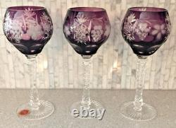 Vintage 3 Srpska Fabrika Stakla Paracin Grape Purple Cut Glass Goblets Unused