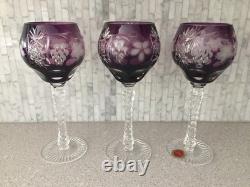 Vintage 3 Srpska Fabrika Stakla Paracin Grape Purple Cut Glass Goblets Unused