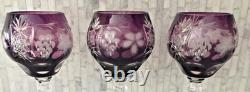 Vintage 3 Srpska Fabrika Stakla Paracin Grape Purple Cut Glass Goblets Unused