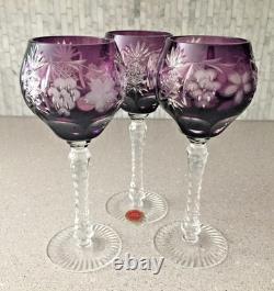 Vintage 3 Srpska Fabrika Stakla Paracin Grape Purple Cut Glass Goblets Unused