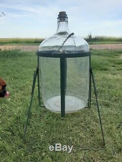 Vintage 5 Gallon Clear Glass Water Jug Bottle Metal Stand Owens Illinois Tilting