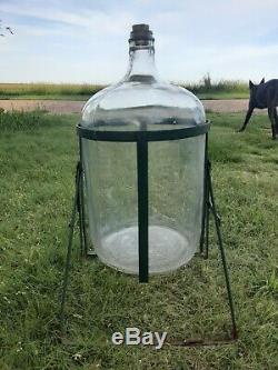 Vintage 5 Gallon Clear Glass Water Jug Bottle Metal Stand Owens Illinois Tilting