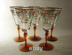 Vintage 5 Hand Painted Enamel Flowers and Gold Goblets Wine Glasses Amber Stems