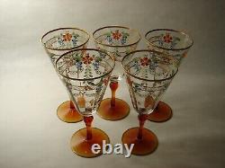 Vintage 5 Hand Painted Enamel Flowers and Gold Goblets Wine Glasses Amber Stems