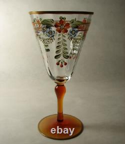 Vintage 5 Hand Painted Enamel Flowers and Gold Goblets Wine Glasses Amber Stems