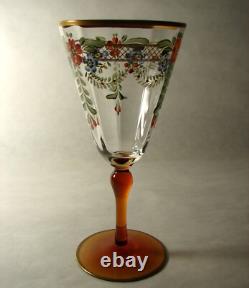 Vintage 5 Hand Painted Enamel Flowers and Gold Goblets Wine Glasses Amber Stems