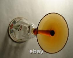 Vintage 5 Hand Painted Enamel Flowers and Gold Goblets Wine Glasses Amber Stems