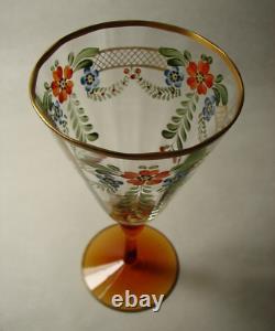 Vintage 5 Hand Painted Enamel Flowers and Gold Goblets Wine Glasses Amber Stems
