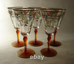 Vintage 5 Hand Painted Enamel Flowers and Gold Goblets Wine Glasses Amber Stems