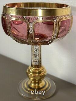 Vintage 5 Moser Cabochon Cranberry 24k Gold Wine Glass Goblet RARE EUC Boho