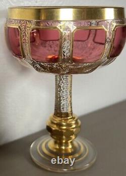 Vintage 5 Moser Cabochon Cranberry 24k Gold Wine Glass Goblet RARE EUC Boho