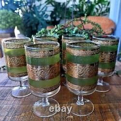 Vintage 60's Culver Starlyte Green Gold Stem Glass Wine Cocktail Barware Set 6
