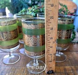 Vintage 60's Culver Starlyte Green Gold Stem Glass Wine Cocktail Barware Set 6