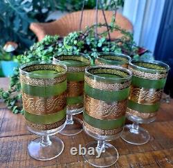 Vintage 60s Culver Starlyte Green Gold Stem Glass Wine Cocktail Barware Set 5