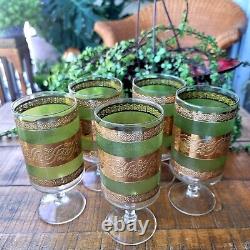 Vintage 60s Culver Starlyte Green Gold Stem Glass Wine Cocktail Barware Set 5