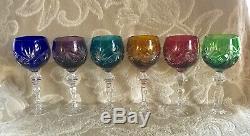 Vintage 6 Bohemian Cased Cut to Clear Crystal Wine Hocks Glasses Stems