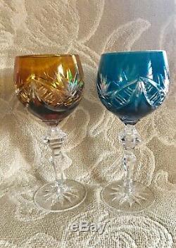 Vintage 6 Bohemian Cased Cut to Clear Crystal Wine Hocks Glasses Stems