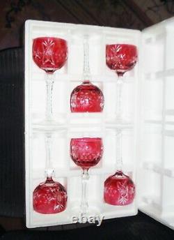 Vintage 6 Bohemian Czech Cut To Clear Crystal Wine Glass Cranberry Design Nr