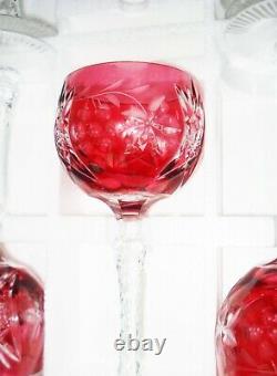 Vintage 6 Bohemian Czech Cut To Clear Crystal Wine Glass Cranberry Design Nr