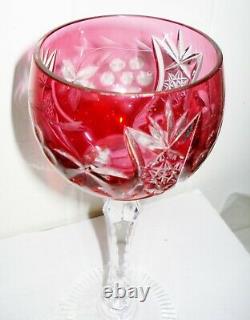 Vintage 6 Bohemian Czech Cut To Clear Crystal Wine Glass Cranberry Design Nr