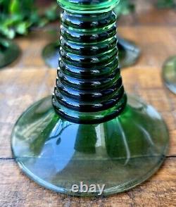 Vintage 6 German Wine Glass Etched Grape / Leaves Green Stem Hand Blown Barware
