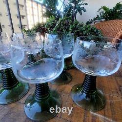 Vintage 6 German Wine Glass Etched Grape / Leaves Green Stem Hand Blown Barware